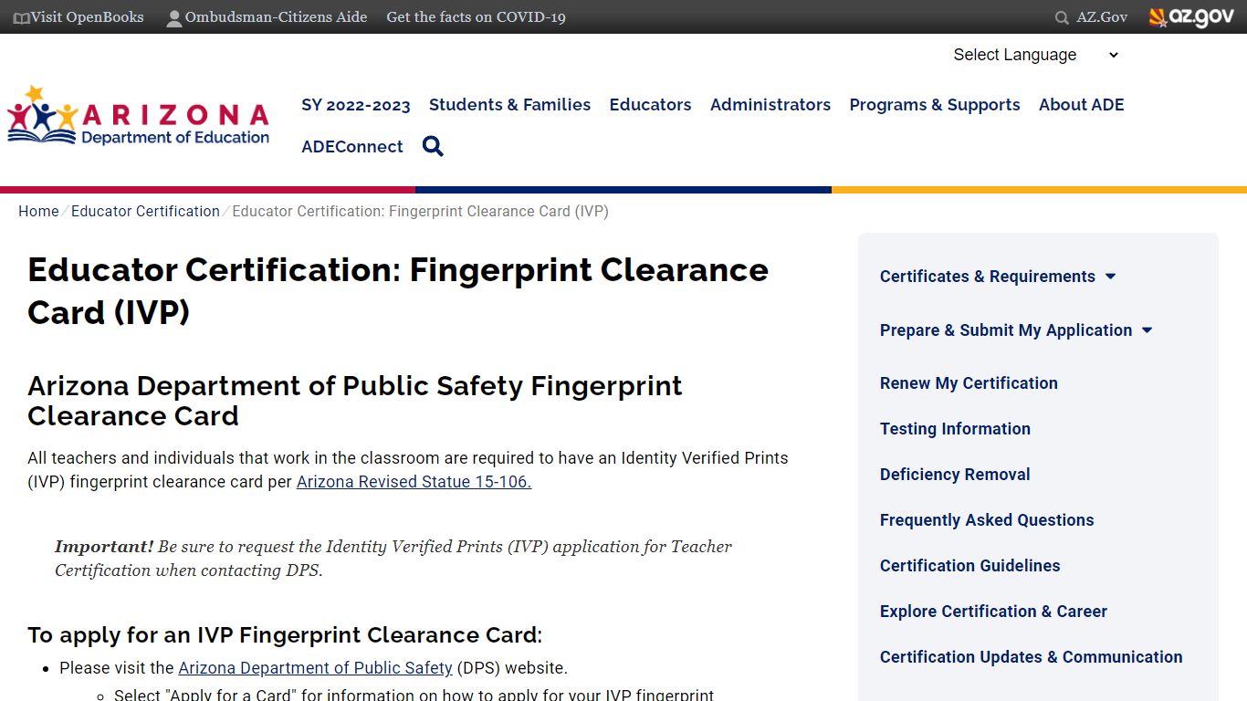 Educator Certification: Fingerprint Clearance Card (IVP)